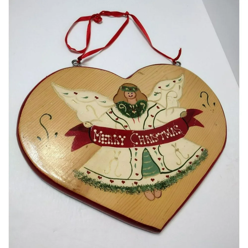 Vintage Christmas Heart-Shape Wood Sign Holiday Angel Hand Painted Mexico 1995